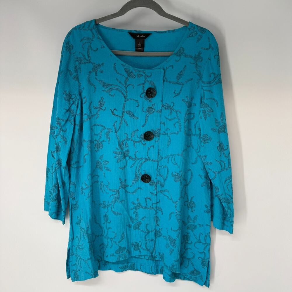 Ali Miles Textured Crinkle Tunic Top Womens M Blue Print 3/4 Sleeve Art To Wear